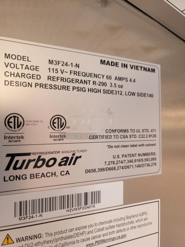 Turbo Air refrigerator label, model M3F24-1-N. Voltage 115V, refrigerant R-290, made in Vietnam. Conforms to UL, CSA standards.