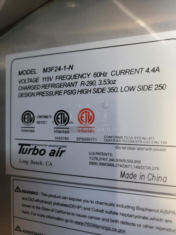 Label on Turbo Air refrigerator, model M3F24-1-N, 115V, R-290, 3.53oz refrigerant, made in China.