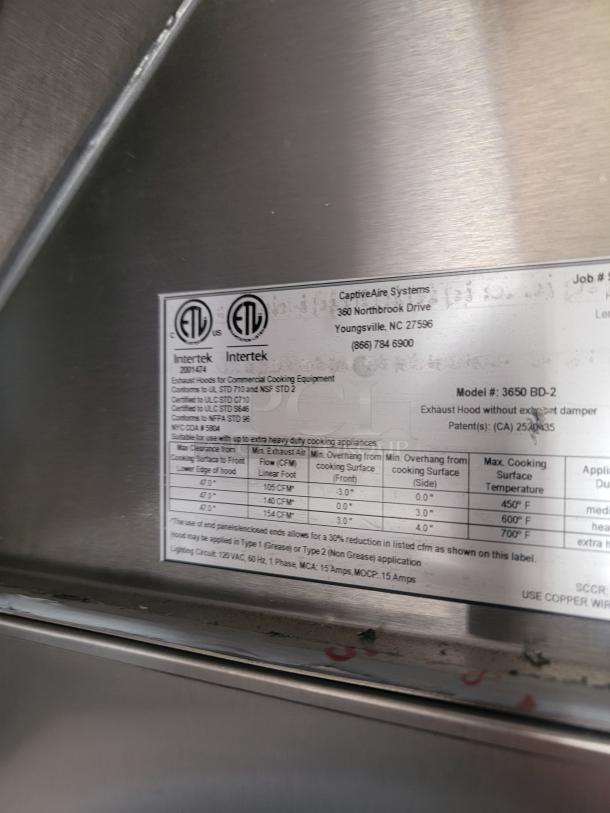 CaptiveAire Systems exhaust hood label, model 3650 BD-2, showing specifications for commercial cooking use and safety compliance.