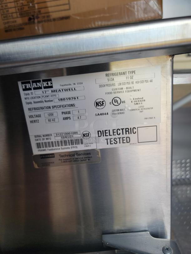 Franke 17" Meatwell foodservice equipment, model 18019761, stainless steel, voltage 120V, phase 1, Hertz 60, dielectric tested.