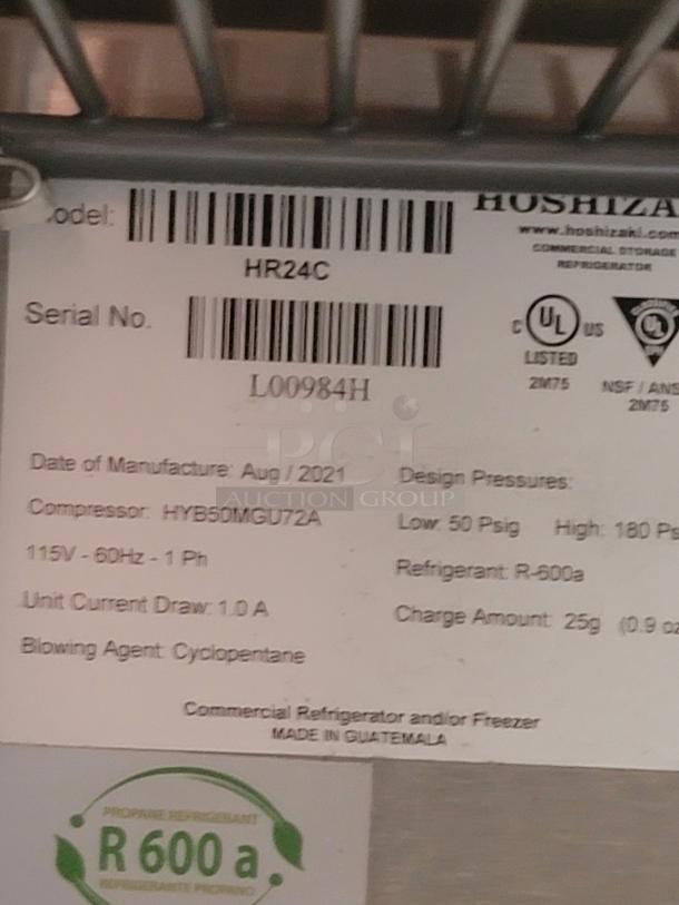 Hoshizaki HR24C refrigerator label showing serial number L00984H, manufactured Aug 2021, using R-600a refrigerant.