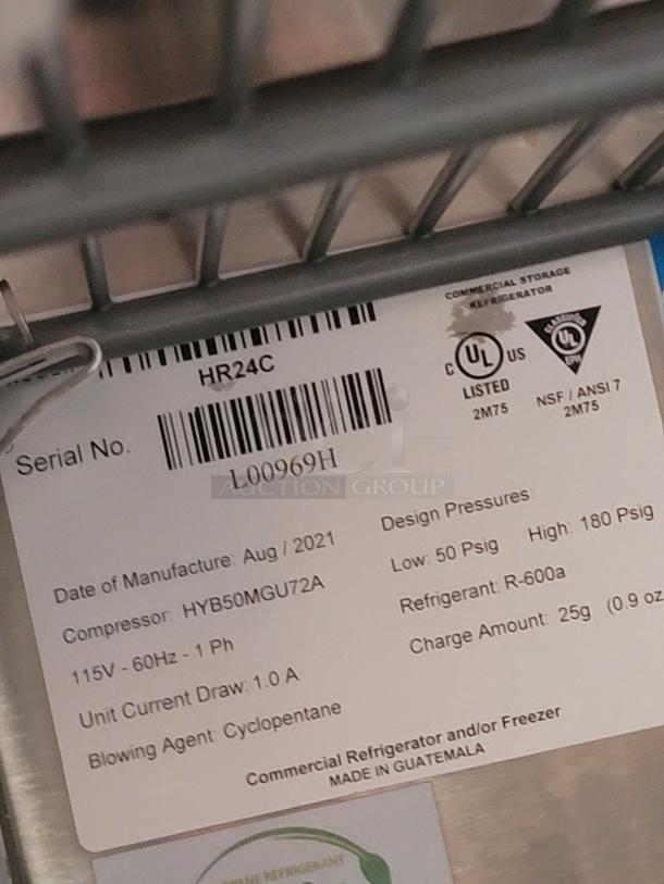 Commercial refrigerator label showing model HR24C, manufactured August 2021, 115V, with R-600a refrigerant.