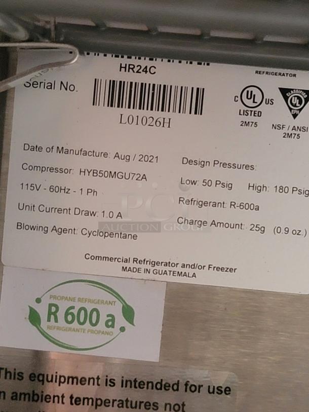 Label for HR24C commercial refrigerator, serial L01026H, made in August 2021, using refrigerant R-600a, 115V.