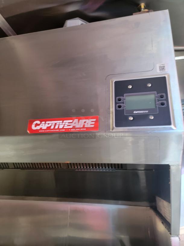 CaptiveAire stainless steel ventilation system with digital control panel, featuring a CaptiveAire logo and QR code.