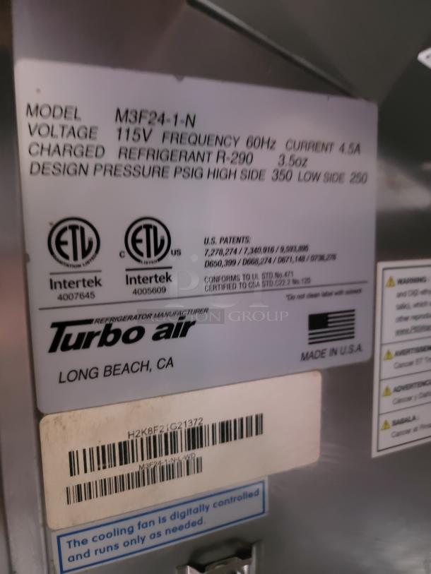 Turbo Air refrigerator label, model M3F24-1-N, 115V, uses R-290 refrigerant, made in USA, digitally controlled fan.