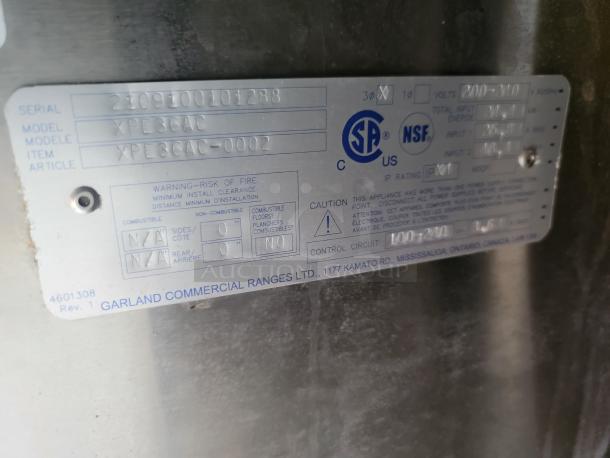 Garland Commercial Ranges Ltd. model XPE36AC label, showing serial number 2109100101288 and electrical specifications.