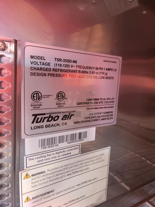 Turbo Air refrigerator label, model TSR-35SD-N6, voltage 110-120V, refrigerant R-600a, made in Korea.