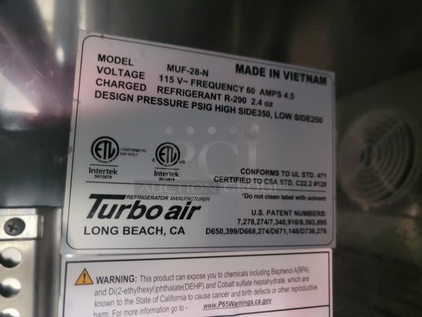 Turbo Air model MUF-28-N refrigeration label. Made in Vietnam, 115V, charged with refrigerant R-290. Certified by Intertek.
