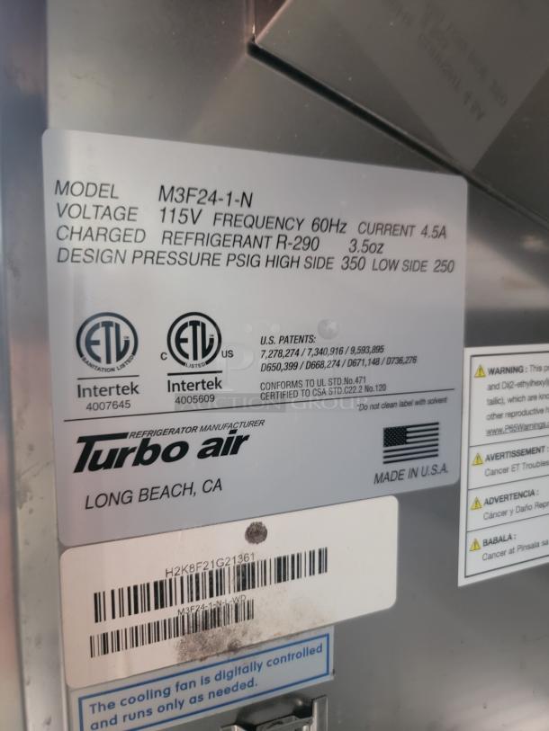 Turbo Air refrigerator label, Model M3F24-1-N, 115V, Refrigerant R-290, 3.5oz, Made in USA.
