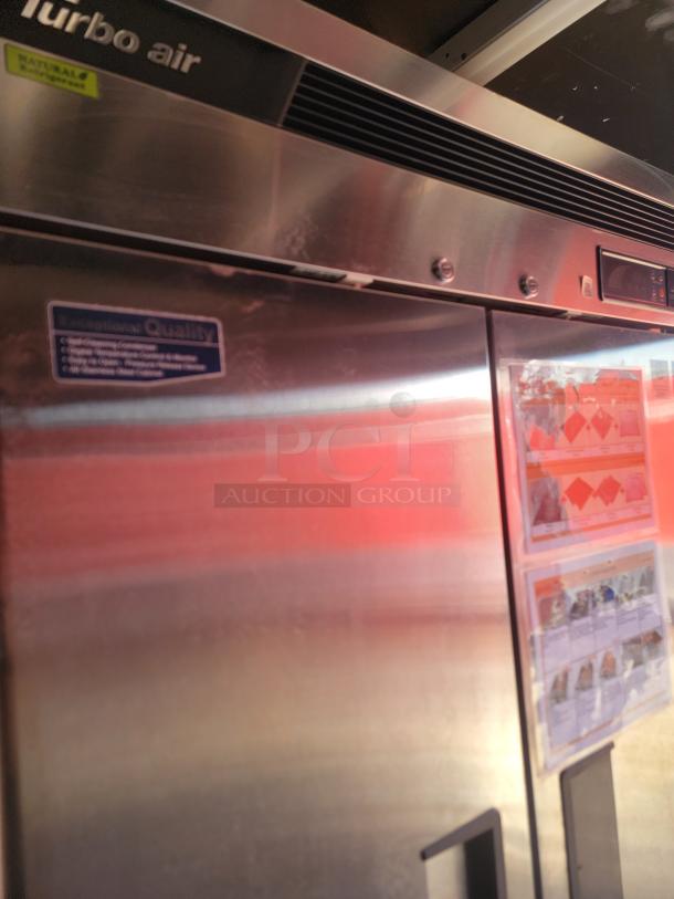 Turbo Air stainless steel commercial refrigerator, double-door model with digital control panel. Features "Exceptional Quality" label.