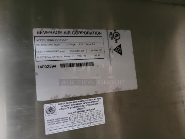 Beverage-Air refrigeration unit label showing model BB48HC-1-F-S-27, R290 refrigerant, and electrical ratings 115VAC, Phase 1.