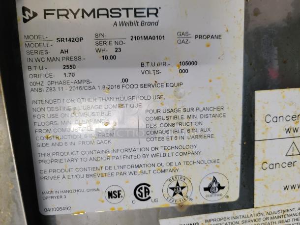 Frymaster SR142GP fryer label indicating model, series AH, 105000 BTU/hr, propane gas. For food service, non-domestic use.