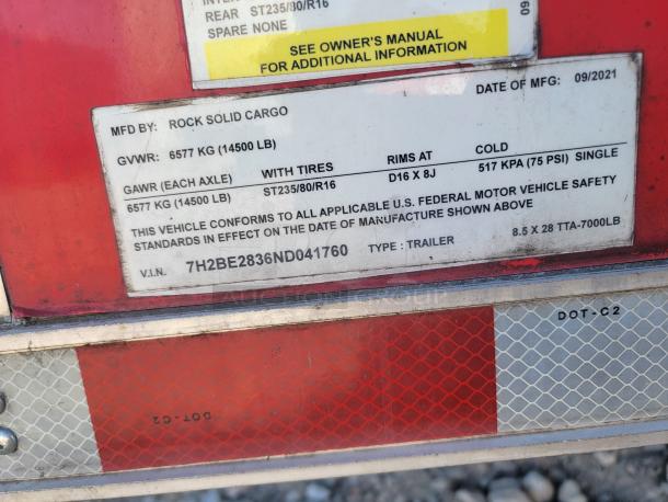 Rock Solid Cargo trailer label showing GVWR 6577 kg, VIN 7H2BE2836ND041760, manufactured 09/2021.
