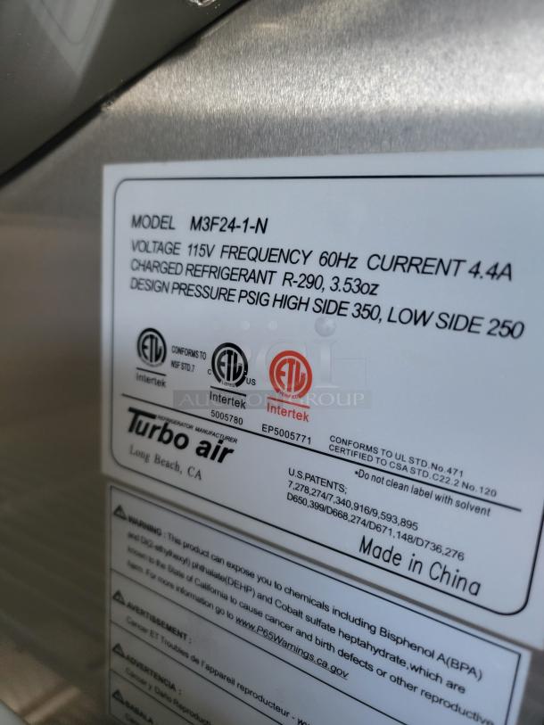 Turbo Air refrigeration unit label, model M3F24-1-N, 115V, 60Hz, R-290 refrigerant, 3.53oz, made in China.