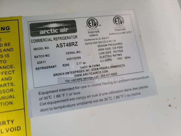 Arctic Air commercial refrigerator label. Model AST48RZ. Details include serial H20128295, refrigerant R290, electric rating 115V 60Hz.