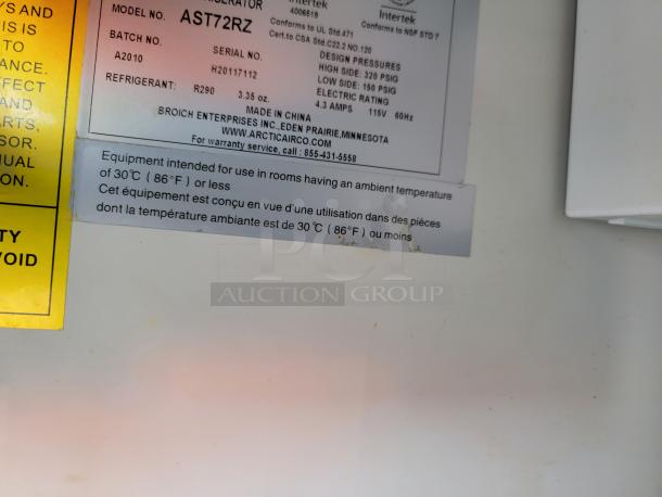 Refrigerator label, Model AST72RZ, uses R290 refrigerant, 3.35 oz, for ambient temps 30°C (86°F) or less; made in China.