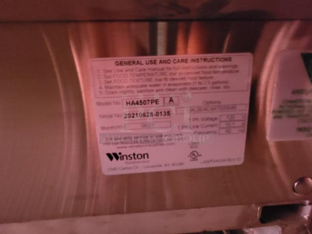 Winston Foodservice equipment label, model HA4507PE, serial 20210628-0135, voltage 120, instructions visible.