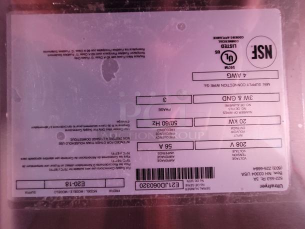 NSF and UL certified appliance label, model E23-18. Details include 20kW input, 50/60Hz frequency, and 208V voltage.