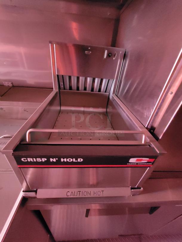 Carter-Hoffmann Crisp N' Hold food warmer, stainless steel, "Caution Hot" label, excellent condition, countertop model.