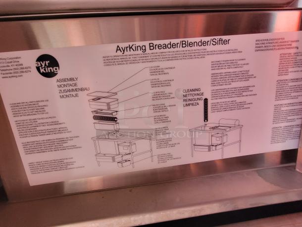 AyrKing breader/blender/sifter assembly instructions on stainless steel appliance; includes multilingual cleaning and maintenance directives.