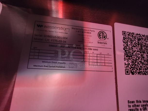 Wasserstrom junction box label with serial G386310-001-004, model C/C F775-03-34, 120-208V, ETL certified.