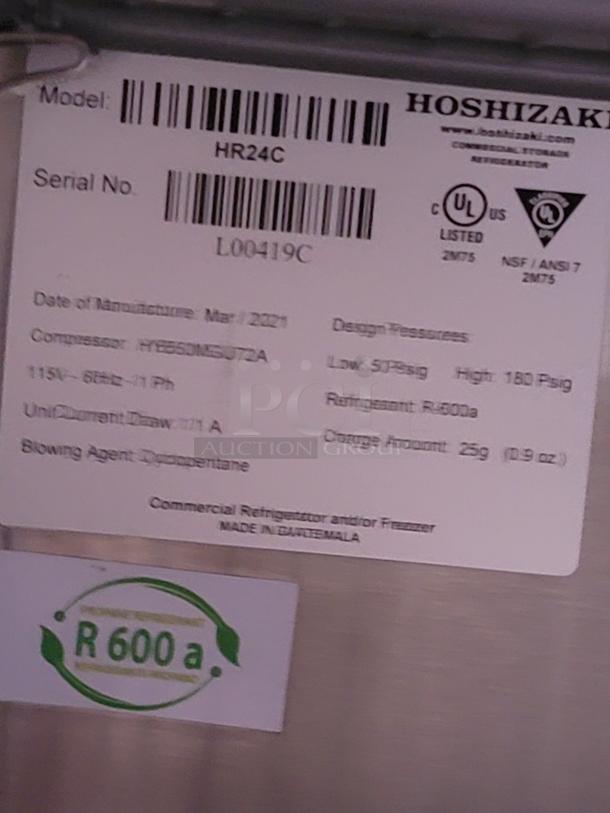 Hoshizaki HR24C refrigerator label, serial L00419C, March 2021, R600a refrigerant, 115V, made in Guatemala.