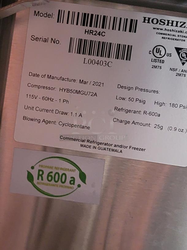 Hoshizaki HR24C commercial refrigerator label, model and serial numbers visible, made March 2021, uses R-600a refrigerant.