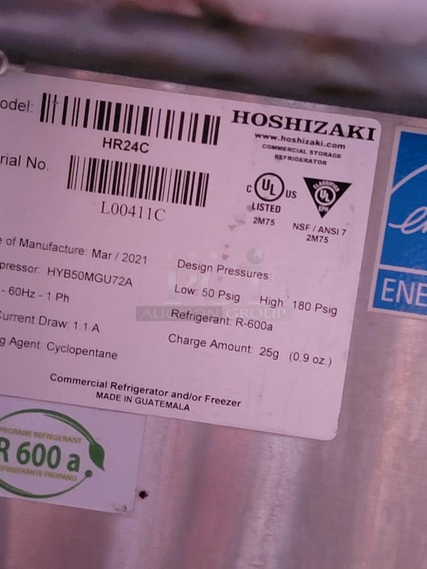 Hoshizaki HR24C Commercial Refrigerator label, March 2021, R-600a refrigerant, made in Guatemala, UL listed.