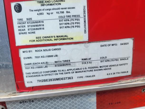 Rock Solid Cargo trailer data plate, model TTA-7000LB, manufactured 04/2021, GVWR 15,500 lb, VIN 7H2BE2830MD037363.