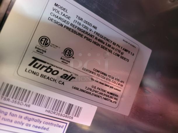 Turbo Air label showing model TSR-35SD-N6, voltage 110-120V, refrigerant R-600a, made in Korea, ETL certified.