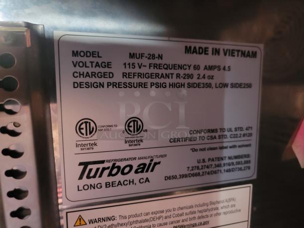 Turbo Air MUF-28-N refrigerator label, 115V, uses R-290 refrigerant, made in Vietnam, conforms to UL and CSA standards.