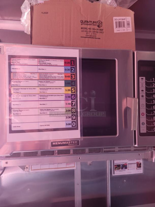 Alto-Shaam Menumaster commercial microwave, stainless steel, model SG-LH1384P, with cooking guide taped to door.