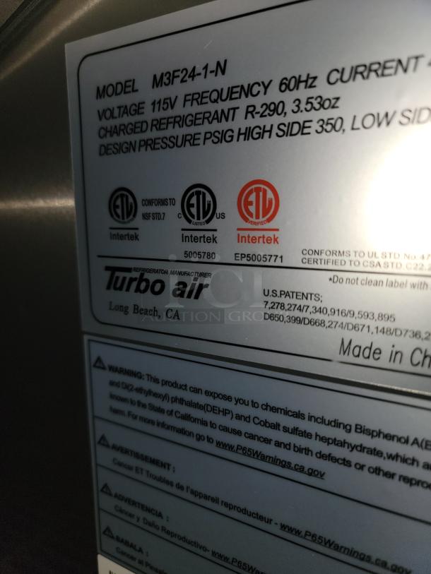 Turbo Air model M3F24-1-N label. Shows voltage, refrigerant type, ETL certifications, and health warnings. Made in China.
