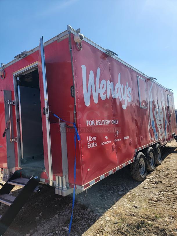Red Wendy's delivery trailer with logos for Uber Eats, DoorDash, Postmates, Grubhub. Triple axle, open door, good condition.