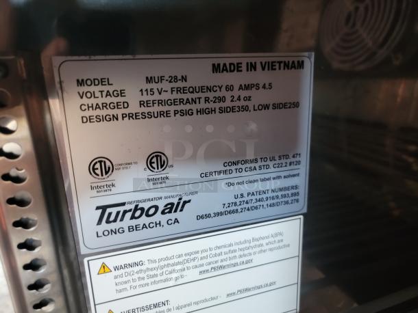 Turbo Air refrigerator model MUF-28-N, 115V, 4.5 amps, refrigerant R-290, made in Vietnam, patent numbers listed.