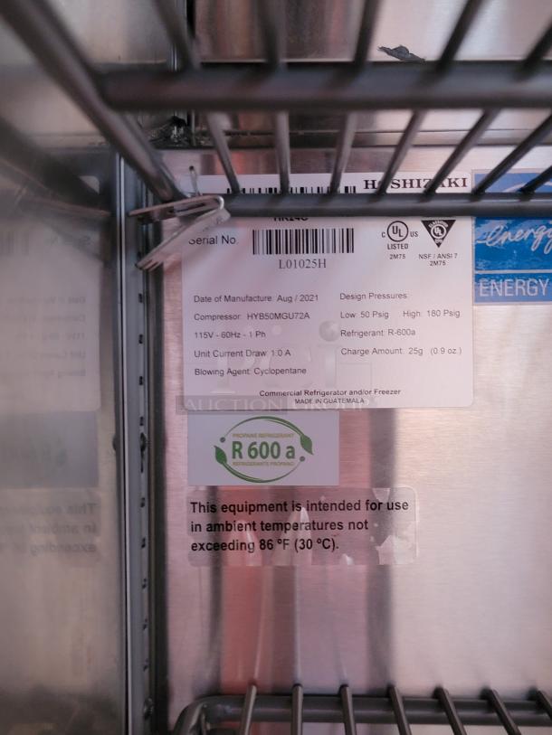 Hoshizaki commercial refrigerator/freezer label showing model HYB50MGU72A, R-600a refrigerant, dated Aug 2021, 115V.