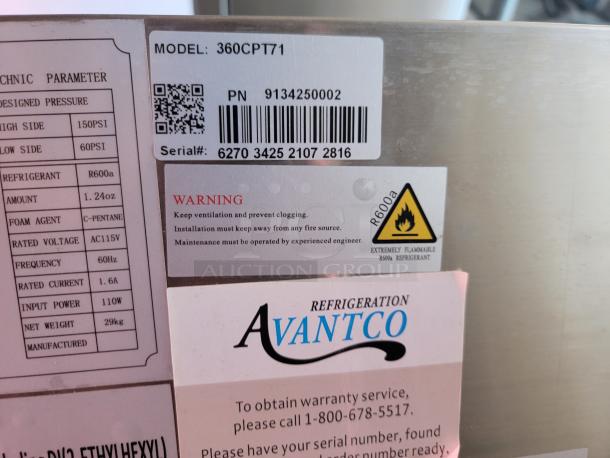 Avantco refrigeration unit label, model 360CPT71. Features R600a refrigerant, 1.24oz, AC115V, and 60Hz. Warning for ventilation.