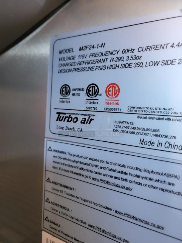 Turbo Air refrigerator label, Model M3F24-1-N, 115V, 60Hz, R-290 refrigerant. ETL and Intertek certified. Warning for chemicals.