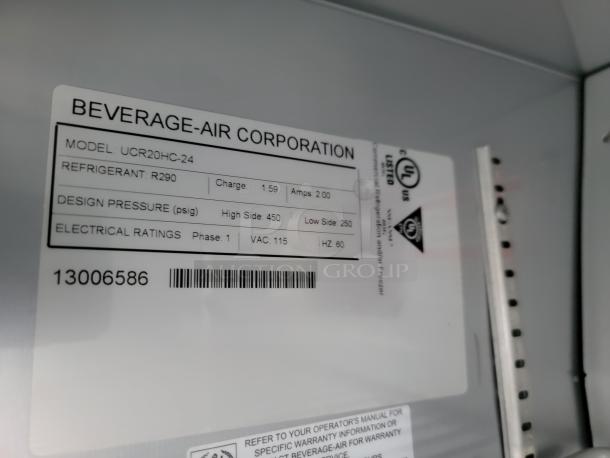 Beverage-Air Corporation label, model UCR20HC-24, refrigerant R290, design pressure high 450 psig, electrical ratings VAC 115.