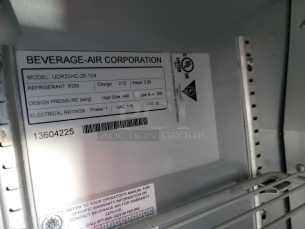 Beverage-Air Corporation tag for model UCR20HC-25-104, using refrigerant R290, electrical rating 115 VAC.
