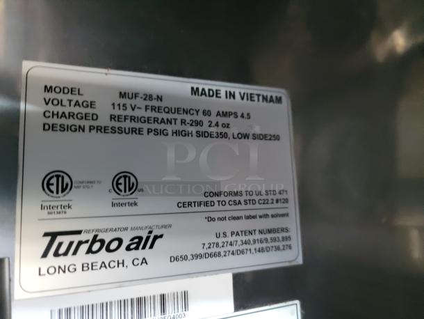 Turbo Air refrigerator label, model MUF-28-N, 115V, 4.5 Amps, R-290 refrigerant, made in Vietnam, Long Beach, CA.