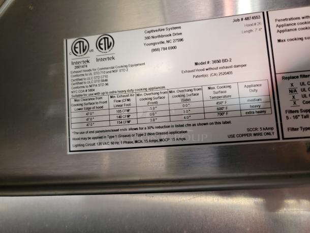 CaptiveAire Systems exhaust hood label, Model 3650 BD-2. Lists certifications, airflow specs, and cooking surface guidelines.