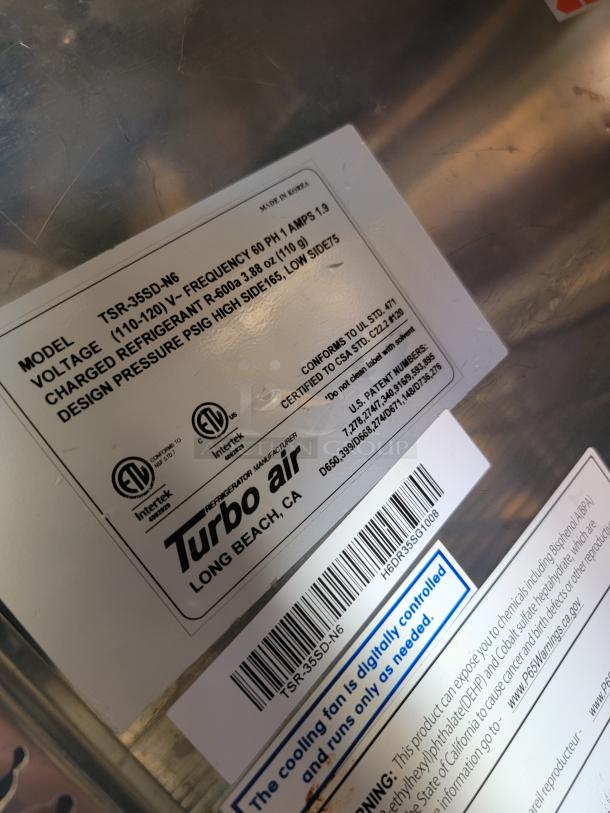 Turbo Air TSR-35SD-N6 refrigerator label; details model, voltage (110-120V), refrigerant (R-600a), and design pressures. Made in Korea.