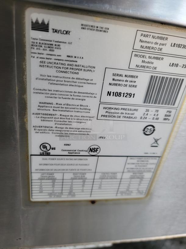 Label on Taylor commercial foodservice machine, model L810-23, serial N1081291. UL and NSF certified. Made in USA.
