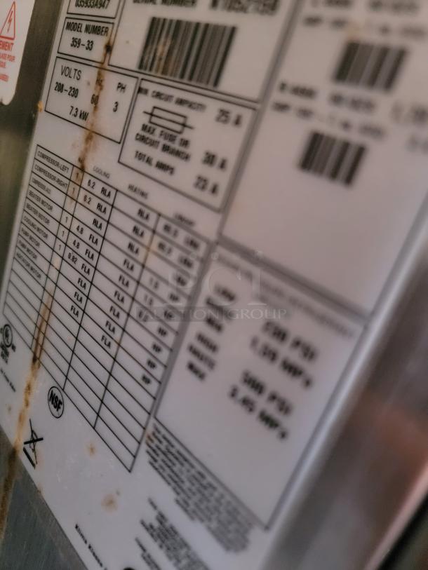 Industrial appliance label showing model number 359-33, voltage 208-230, and 7.3 kW power rating. NSF certified.