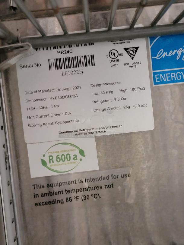 Commercial refrigerator, model HR24C, serial L01022H, made in Guatemala. Uses R-600a refrigerant. Manufactured August 2021.