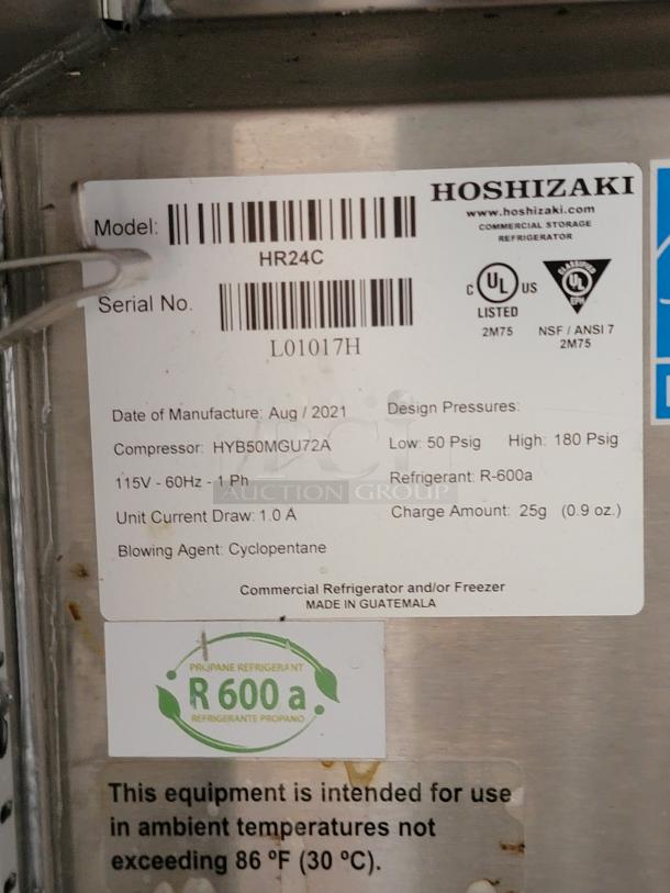 Hoshizaki HR24C commercial refrigerator label; model HR24C, serial L01017H, refrigerant R-600a, made in Guatemala, August 2021.
