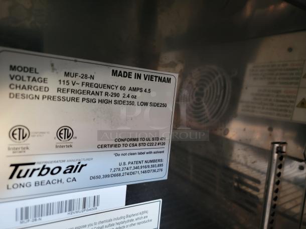 Turbo Air refrigerator model MUF-28-N label, 115V, 60Hz, 4.5 amps, R-290 refrigerant, made in Vietnam, from Long Beach, CA.