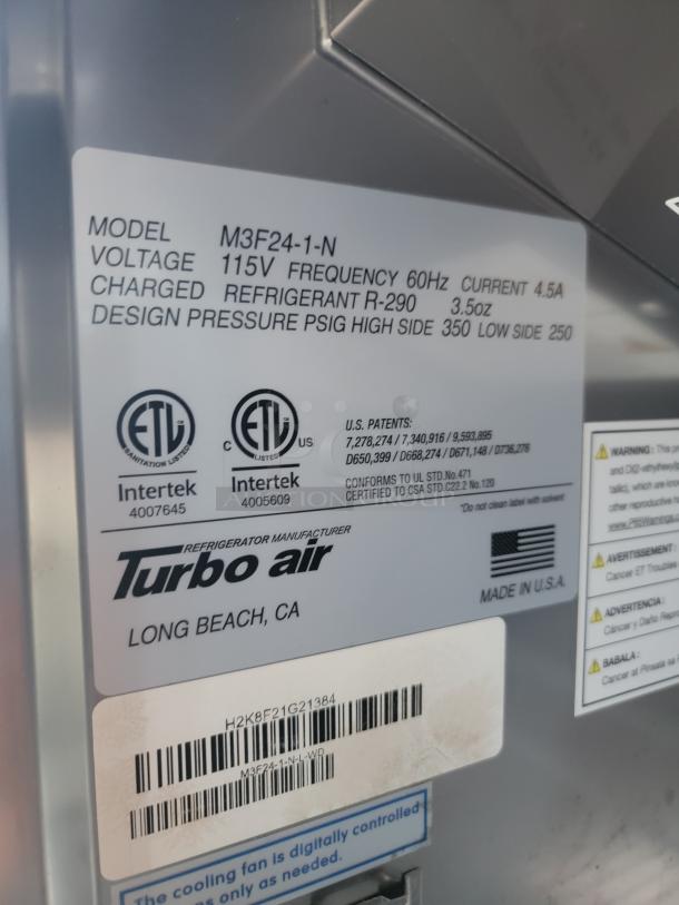 Turbo Air refrigerator label, model M3F24-1-N, 115V, 60Hz, R-290 refrigerant, made in USA, ETL certified.