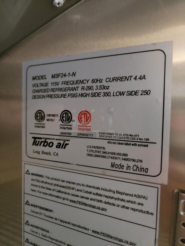Turbo Air refrigerator label, model M3F24-1-N, indicates 115V, 60Hz, 4.4A. Uses R-290 refrigerant, warning labels present.